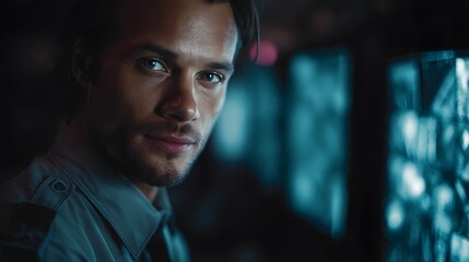 Close up portrait of a man in a security uniform looking intently at surveillance monitors in a dimly lit control room