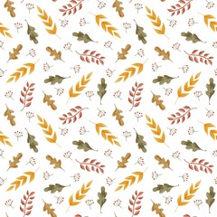 Autumn leaves seamless pattern, watercolor fall foliage, branches and berries, white background.