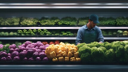A grocery store employee arranges colorful fresh produce including cauliflower peppers and lettuce on shelves in a market
