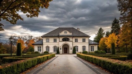 Elegant European Manor House with Dramatic Sky and Autumn Trees