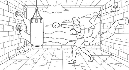 Creative illustration of a determined boxer training with a punching bag in a stylized brick room, with clouds and a mountainous landscape visible through open windows