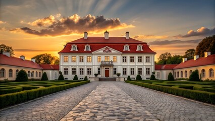 Elegant Historic European Palace with Red Roof at Sunset