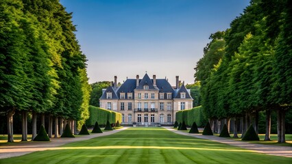 Elegant French Manor House with Grand Lawn and Symmetrical Trees