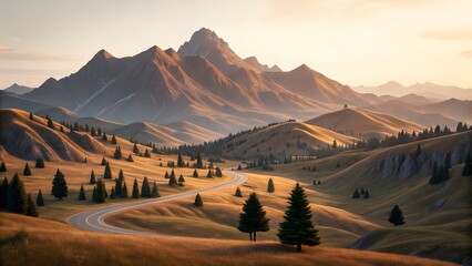 Golden hour over winding road in rolling hills and alpine mountains