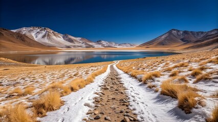 High altitude alpine lake with snow covered peaks and golden grass landscape