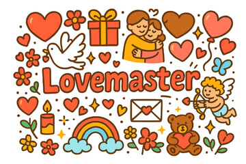 Fototapeta premium Lovemaster Doodle Extravaganza. Lovemaster. Hand-drawn doodle illustration of Lovemaster. hearts, flowers,