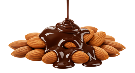 Rich molten chocolate drizzling over a pile of fresh almonds isolated on white background