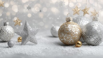 Fototapeta premium elegant christmas background with silver and gold baubles silver stars and snowflakes on a light background suitable for holiday greetings and invitations