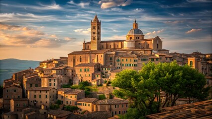Fototapeta premium Historic Italian hilltop town with baroque cathedral at sunset