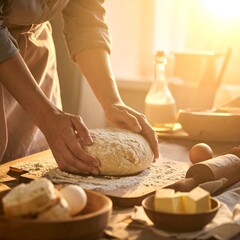 A person kneading dough in a sunlit kitchen