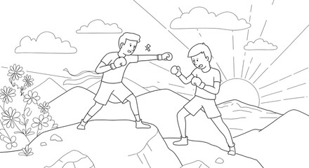 A black and white line art illustration of two young men engaged in a boxing match on a mountain peak at sunrise