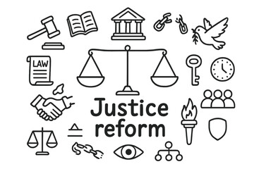 Justice Reform Doodle Art. Justice reform. Hand-drawn doodle illustration of justice reform. In the middle,