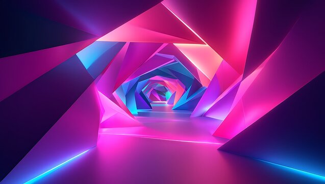 Abstract futuristic tunnel with vibrant pink and blue neon lights creating a geometric kaleidoscopic effect and a sense of endless motion