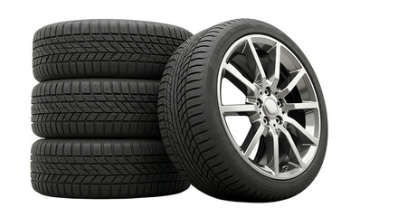 Obraz premium Stack of four new car tires and one alloy wheel tire isolated on white background
