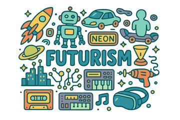 Fototapeta premium Futurism Doodle Art. Futurism. Hand-drawn doodle illustration of Futurism. Rocket ship, robot, neon sign,