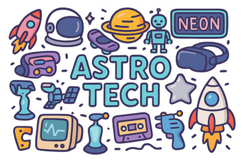 Naklejka premium Astro Tech Doodle. Astro Tech. Hand-drawn doodle illustration of Astro Tech. Rocket ship, astronaut helmet,
