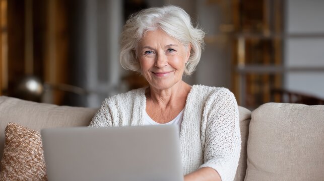older smiling 60s woman sitting at home on sofa holding laptop senior happy business woman using pc technologies working chatting spending time in social media internet ecommerce no logos no brands a