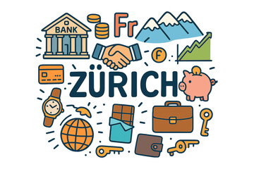 Fototapeta premium Zurich Financial Doodle. Zurich. Hand-drawn doodle illustration of Zurich. Swiss bank building, coins, franc