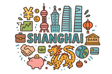 Fototapeta premium Shanghai Doodle Montage. Shanghai. Hand-drawn doodle illustration of Shanghai. Oriental Pearl Tower, yuan sign