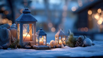 cozy winter lantern scene with candlelight and christmas decorations in snowy setting