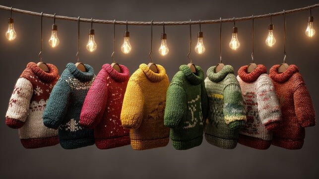 assortment of festive christmas sweaters for kids hanging on a display rack with holiday lights - Powered by Adobe