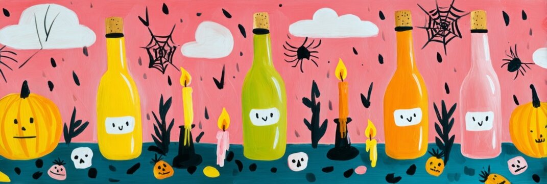 Halloween potion drinks in whimsical glass bottles emit colorful smoke. Candles flicker nearby while playful decorations create a cheerful autumn atmosphere perfect for festivities, banner