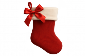 Christmas stocking with red bow and white fluffy cuff representing holiday tradition, celebrating gift giving