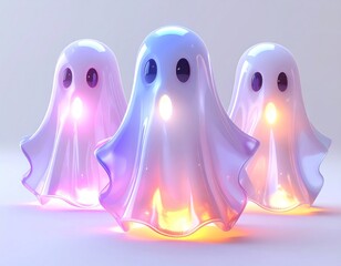 Fototapeta premium Three Iridescent Cartoon Ghosts Glowing with Warm Light on White Backdrop