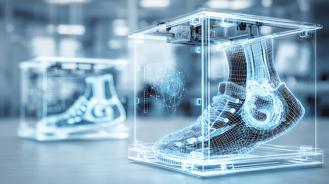 3D digital model of a shoe displayed in a transparent cube with holographic elements in a high-tech laboratory setting
