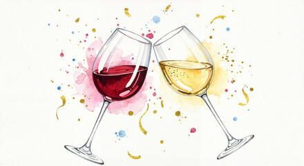 Wine glasses clinking in watercolor style with celebratory mood, gentle splashes and golden confetti on light background