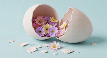 Easter egg cracking open with tiny flowers in flat vector illustration with delicate and festive mood on white background
