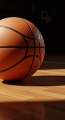 Obraz premium Basketball ball on a wooden court floor. Sport and activity concept. Basketball game poster background.