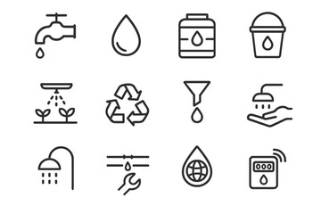 Water Conservation Icons. Water Conservation. Line outline icon set of Water Conservation: faucet, water