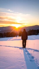 A person stands on a snowy mountaintop at sunset