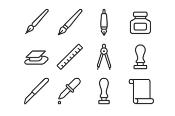 Calligraphy Icon Set. Calligraphy Tools. Line outline icon set of Calligraphy Tools: dip pen, brush pen,