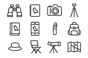 Bird Watching Icons. Bird Watching. Line outline icon set of Bird Watching: binoculars, notebook, camera,