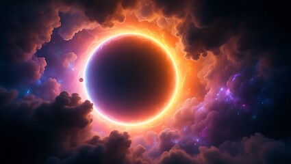 A mystical glowing portal or eclipse surrounded by swirling cosmic clouds and nebulae in vibrant shades of orange purple and black creating an otherworldly and ethereal atmosphere