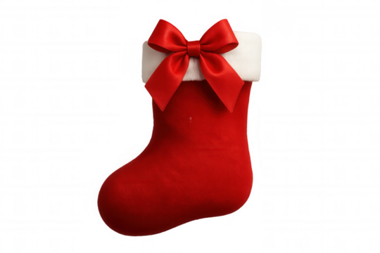 Hanging a red christmas stocking with white cuff and bow for holiday season, preparing for santa claus gifts - Powered by Adobe