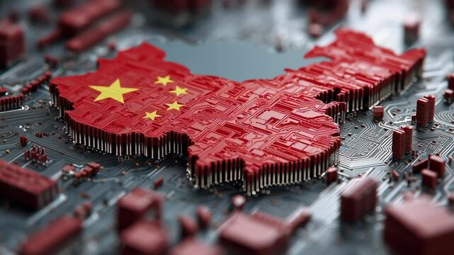 A red and white Chinese flag is on a map of China. The flag is surrounded by a grid of black lines