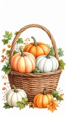 Watercolor Pumpkins and Leaves Arrangement in Woven Basket Isolated on White Background Autumn Harvest