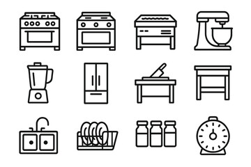 Professional Kitchen Icons. Professional Kitchen. Line outline icon set of Professional Kitchen: stove, oven,