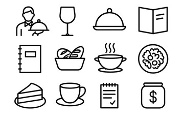 Restaurant Service Icons. Restaurant Service. Line outline icon set of Restaurant Service: waiter tray, wine