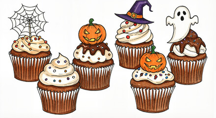 Halloween cupcakes with decorative toppers in ink and wash sketch with expressive lines and minimal color accents, artistic spooky feel on light background