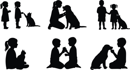 Children with pets silhouette, dog care, cat cuddling, animal interaction, playtime, affection, companionship, black illustration, family bond, pet love