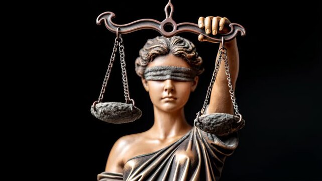 A statue of a woman with a blindfold on her face. The statue is of a woman holding scales and is meant to represent justice