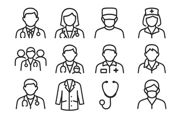 Medical Professional Icons. Doctors and Nurses. Line outline icon set of Doctors and Nurses: male doctor,