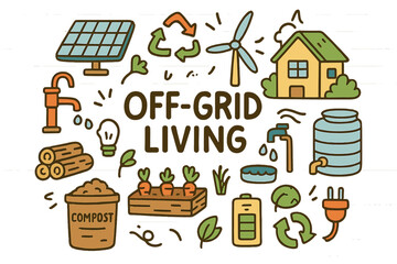 Naklejka premium Off-Grid Doodle Essentials. Off-grid living. Hand-drawn doodle illustration of off-grid living. Solar panels,
