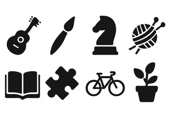 Offline Hobbies Icons. Offline hobbies. Filled icon set of offline hobbies: guitar, paintbrush, chess piece,