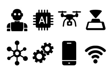 Futuristic Technology Icons. Futuristic technology. Filled icon set of futuristic technology: humanoid robot,
