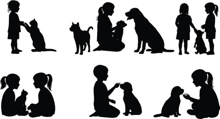 Children with pets silhouette, dog care, cat feeding, rabbit cuddling, animal interaction, playtime, affection, bonding, black illustration, family love